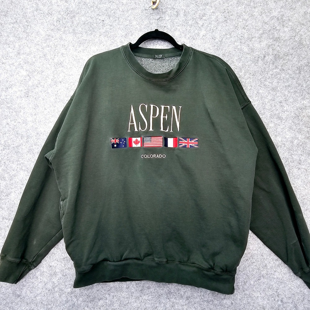 Aspen Colorado Sweatshirt Mens M Green Flag College Oversized Skater JOHN GALT